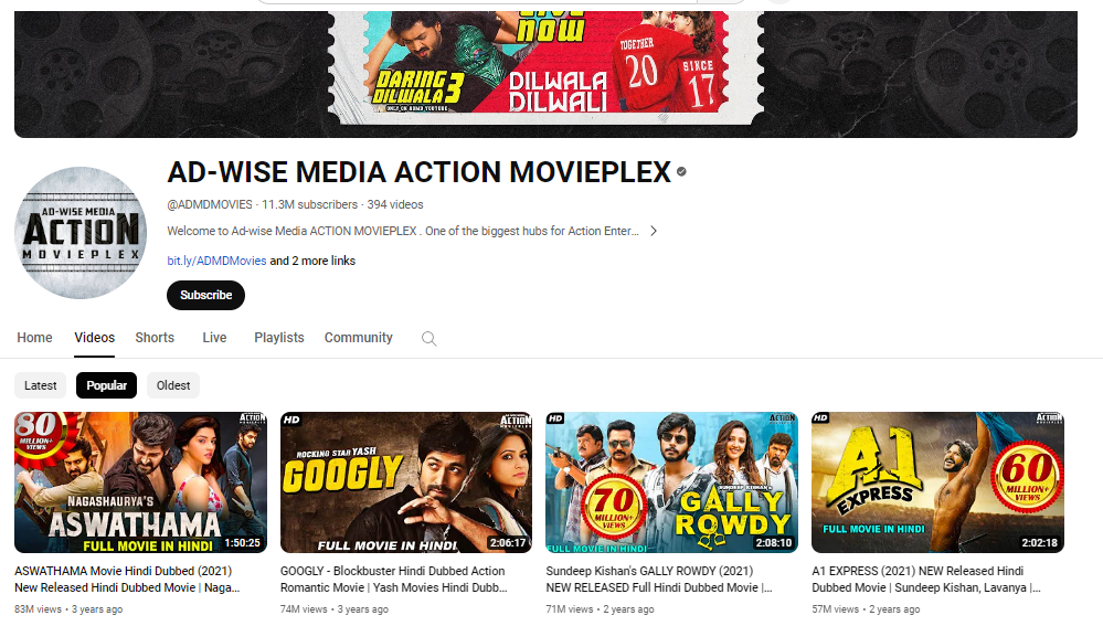 Top 10 YouTube Channels for South Movies in Hindi, AD-WISE MEDIA ACTION MOVIEPLEX