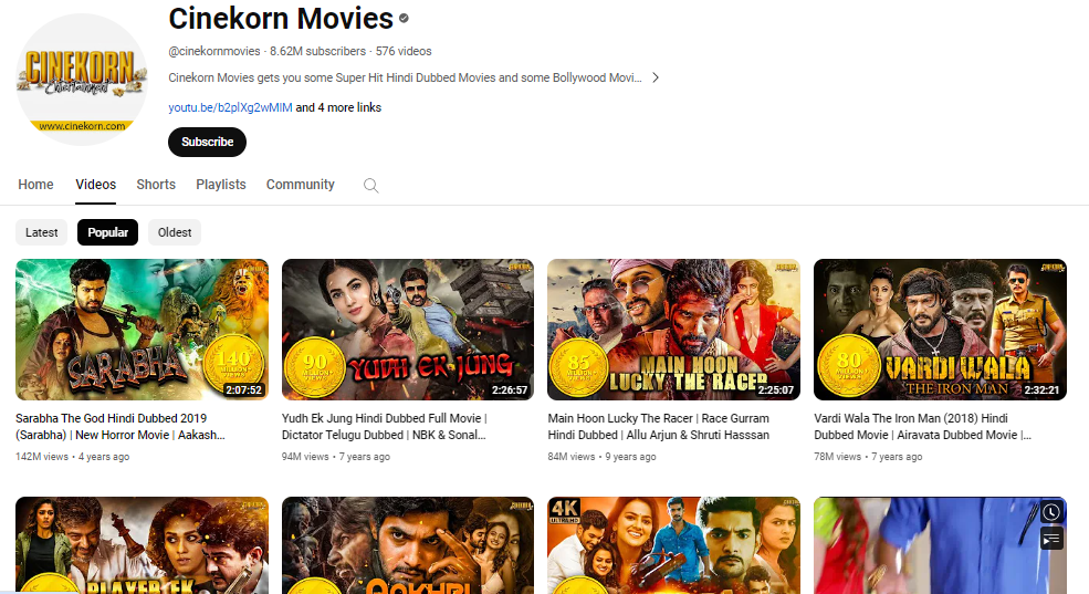 Top 10 YouTube Channels for South Movies in Hindi, Cinekorn Movies