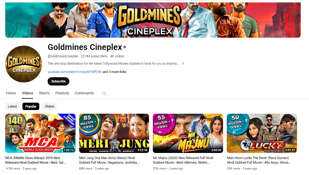 Top 10 YouTube Channels for South Movies in Hindi, Goldmines cineplex