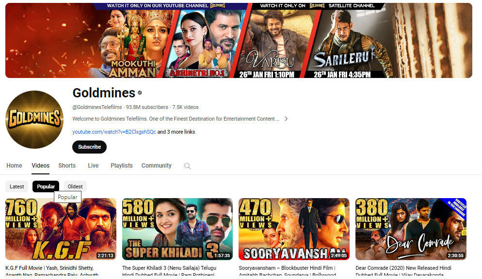 Top 10 YouTube Channels for South Movies in Hindi , Goldmines