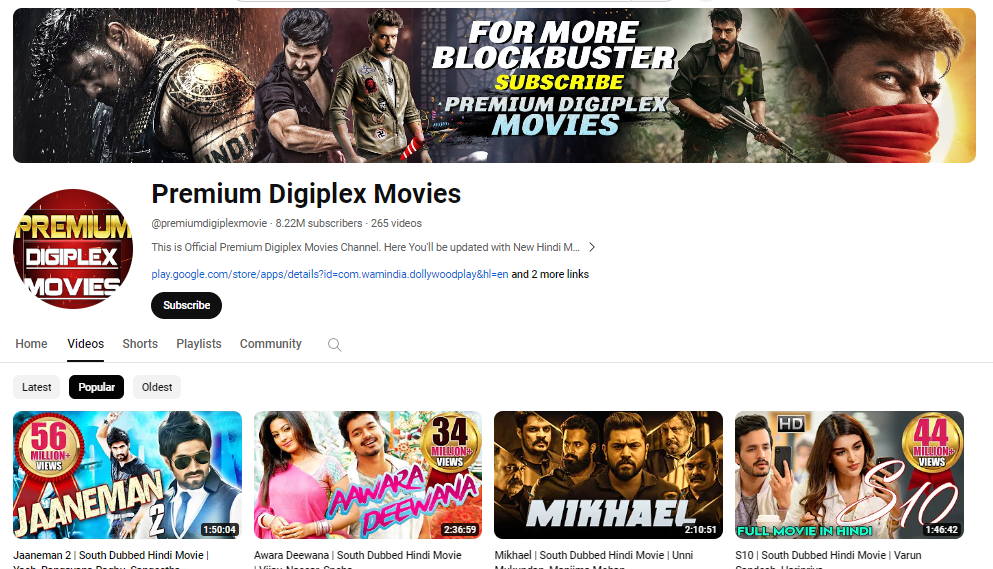 Top 10 YouTube Channels for South Movies in Hindi, Premium Digiplex Movies