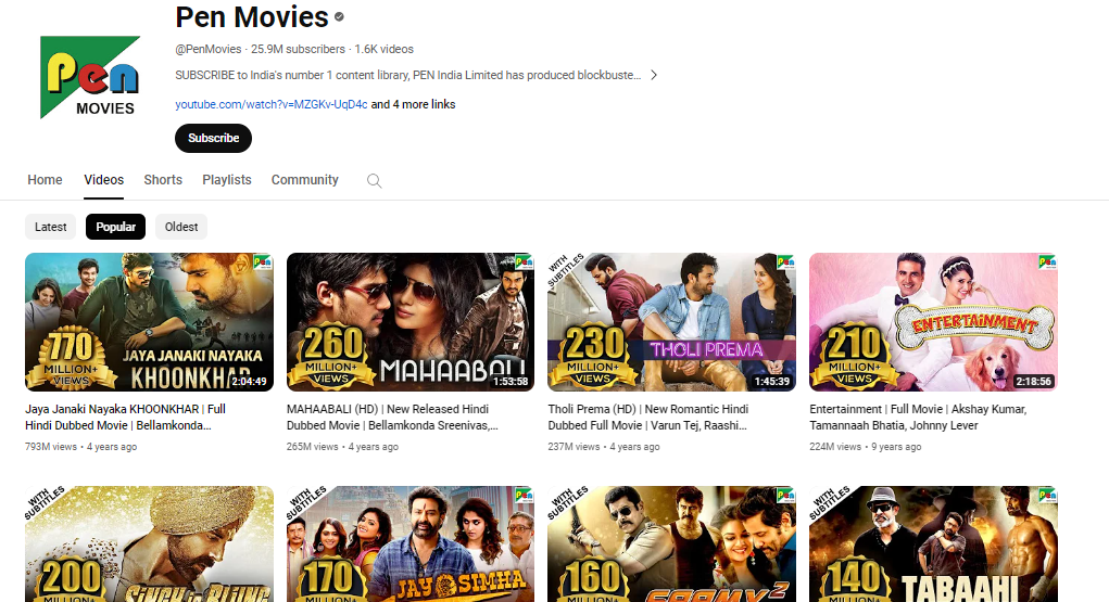 Top 10 YouTube Channels for South Movies in Hindi, pen movies