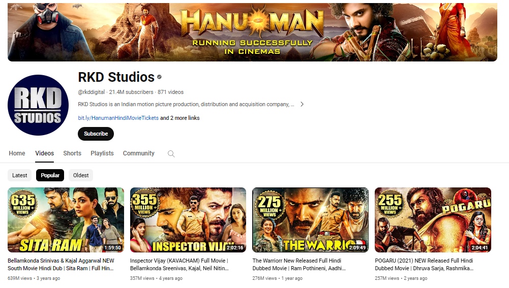 Top 10 YouTube Channels for South Movies in Hindi, RKD studios